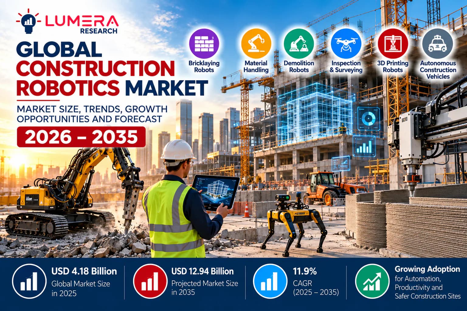 Global Construction Robotics Market Size, Share and Forecast 2026–2035, featuring construction robots, automated bricklaying, robotic demolition equipment, autonomous machinery, and AI-powered construction site automation.