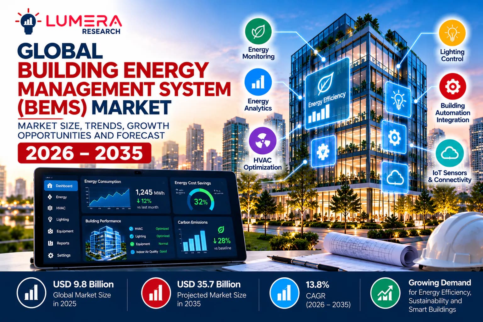 Global Building Energy Management System (BEMS) market forecast 2026–2035, featuring a smart office building, energy monitoring dashboard, HVAC optimization, lighting control, IoT connectivity, and energy efficiency technologies.