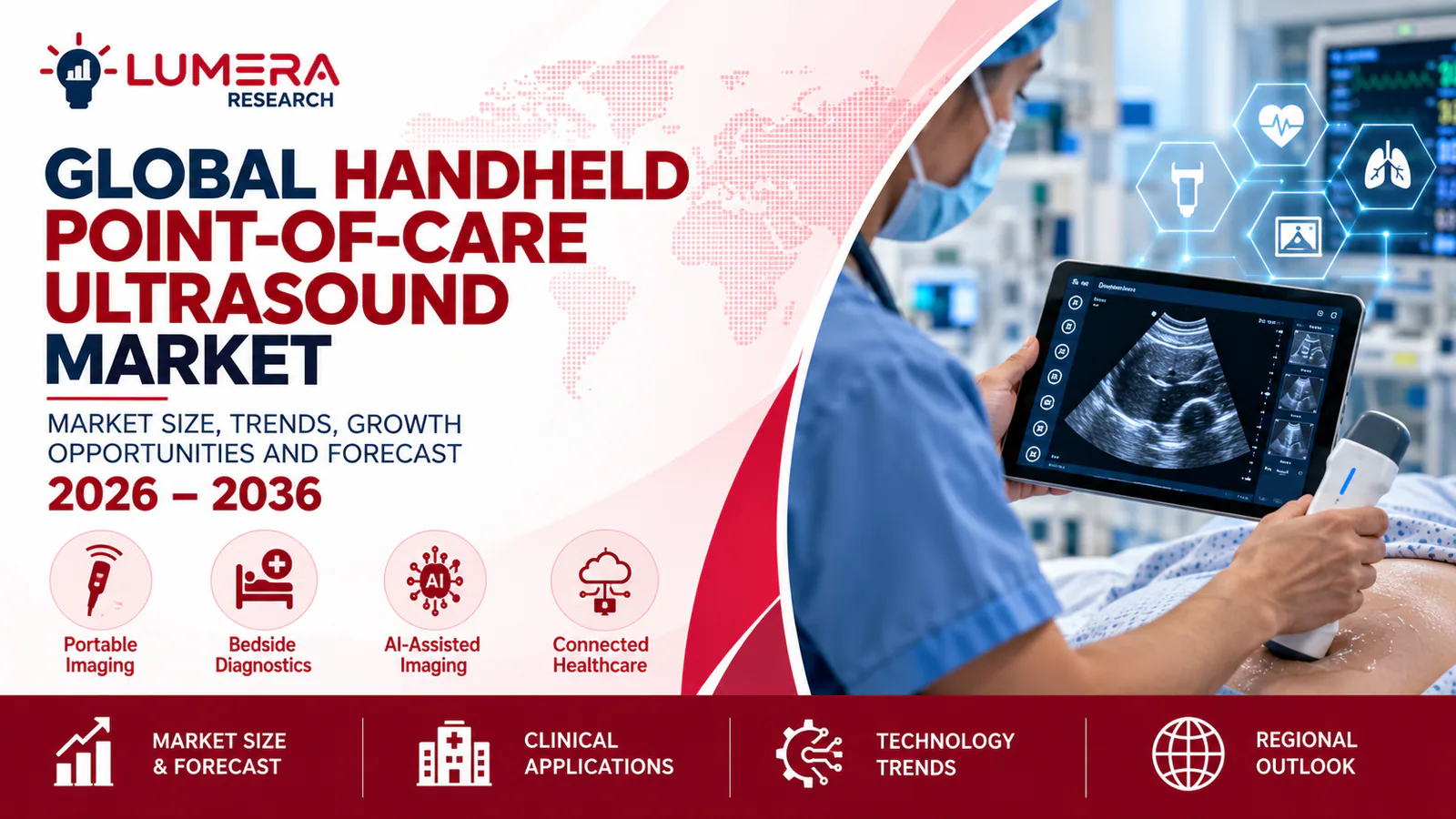 Global handheld point-of-care ultrasound market report 2026–2036 featuring portable ultrasound imaging, bedside diagnostics, AI-assisted imaging, and connected healthcare.