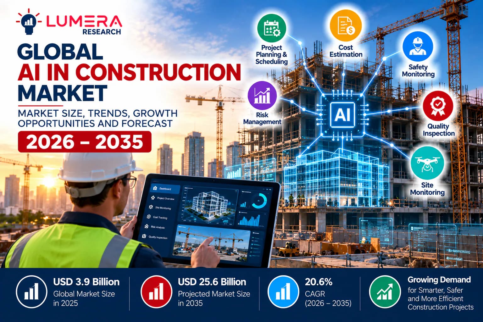 Global AI in Construction market forecast for 2026–2035, featuring an AI-powered construction site, project planning, cost estimation, safety monitoring, risk management, quality inspection, and site monitoring technologies.